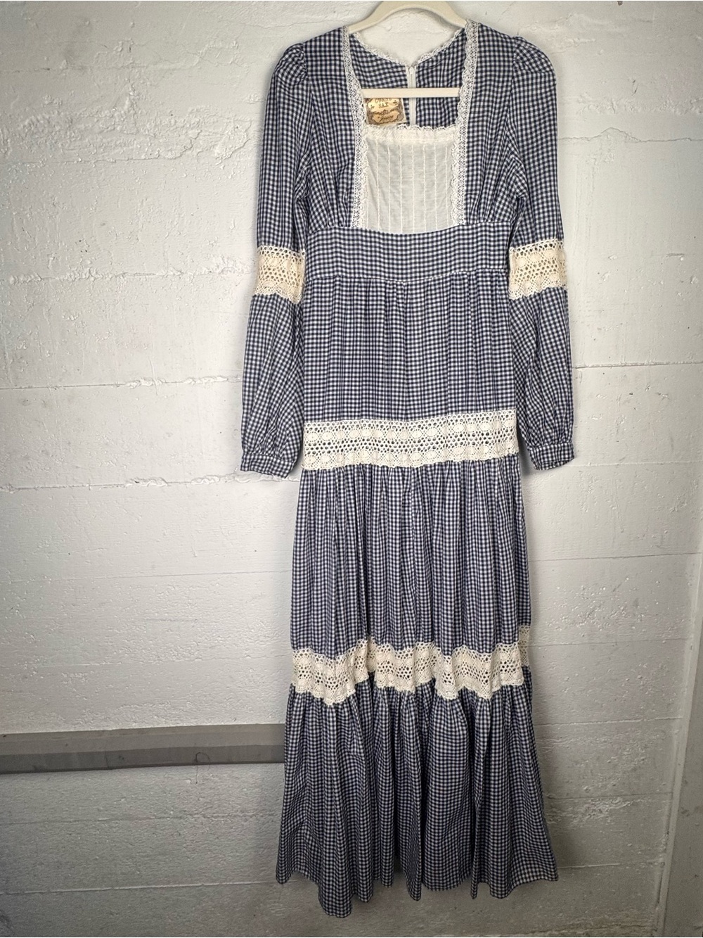 Gunne Sax Jessica San Francisco Blue Gingham Maxi Dress with Cream Lace Trim S M
